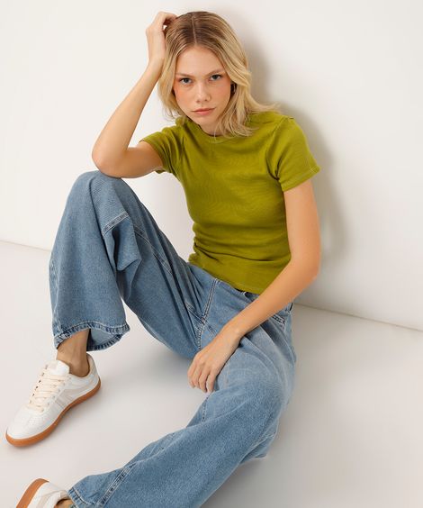 blusa baby look manga curta canelada verde