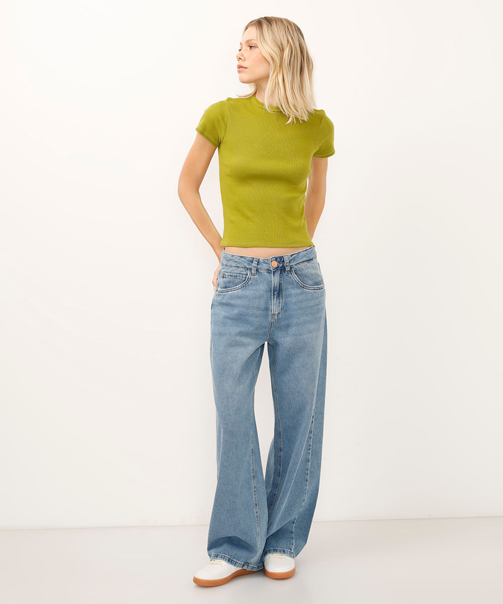 blusa baby look manga curta canelada verde