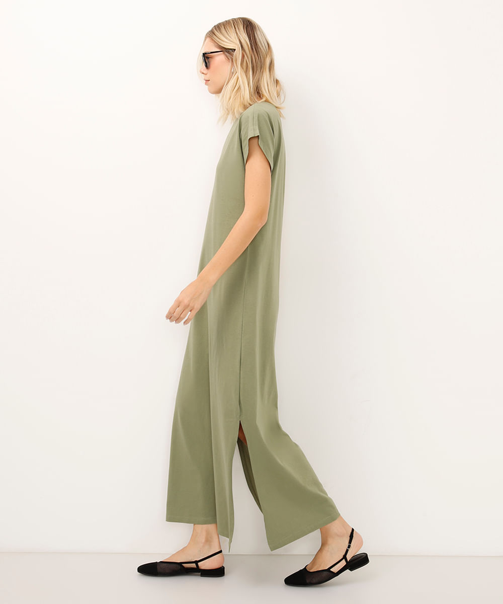 vestido de algodão básico com fenda longo verde