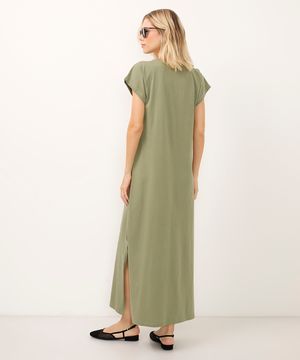 vestido de algodão básico com fenda longo verde