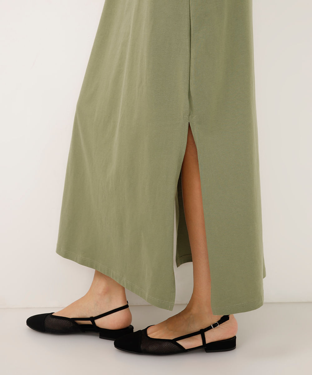 vestido de algodão básico com fenda longo verde