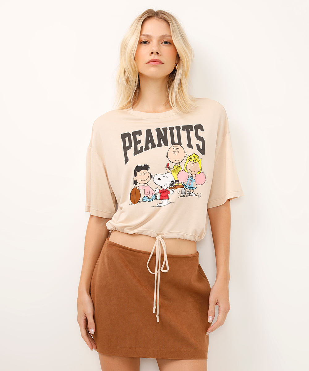 camiseta de viscose com amarração snoopy bege