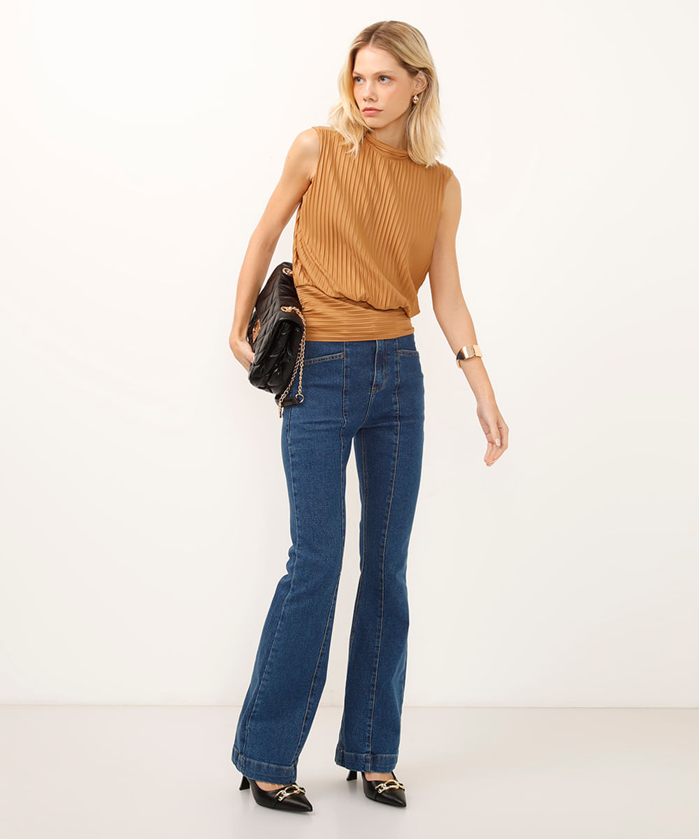 calça boot cut jeans cintura super alta azul