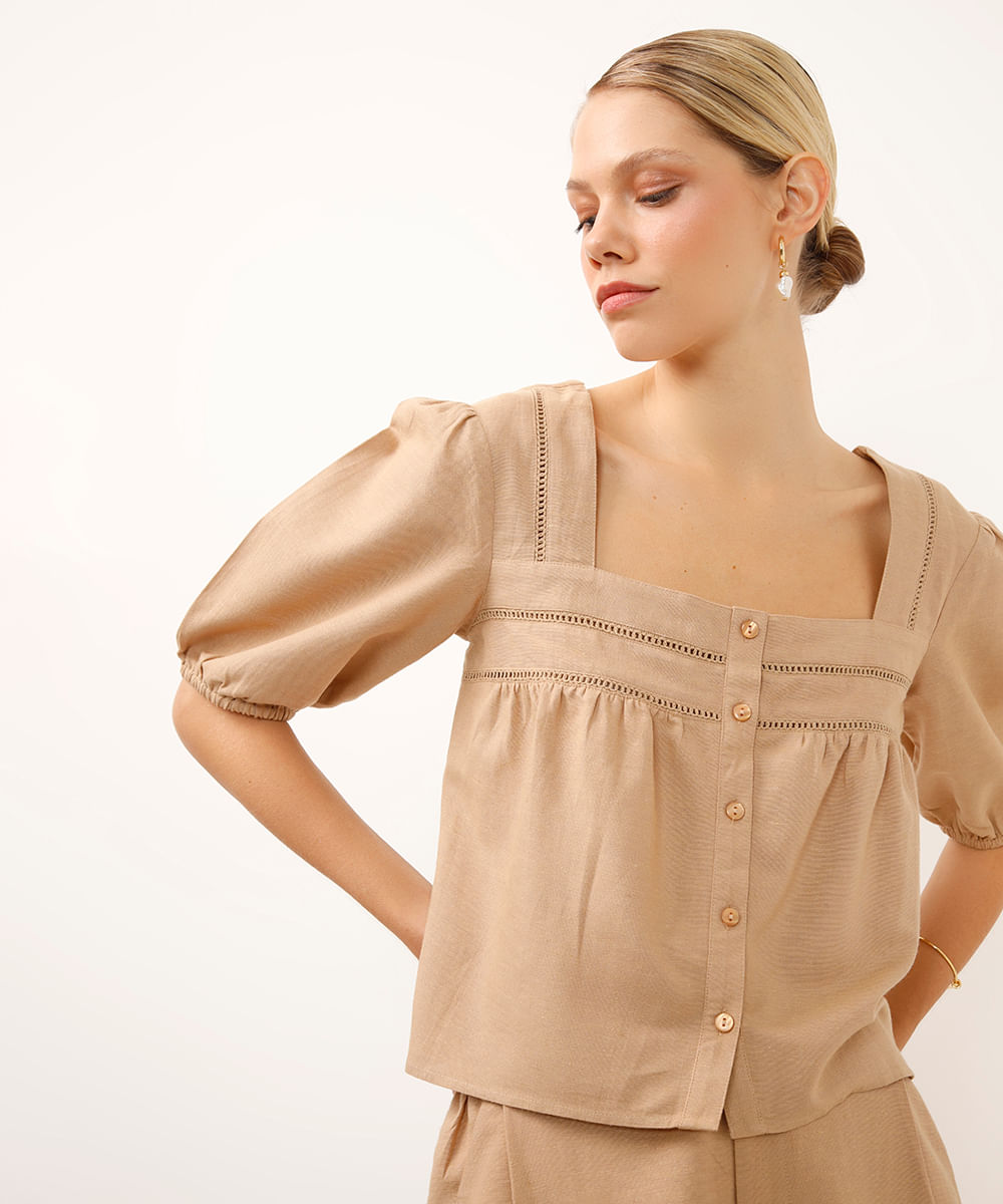 blusa com linho decote quadrado manga bufante marrom
