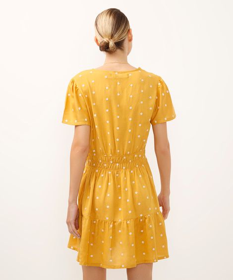 vestido curto com linho decote v poá amarelo