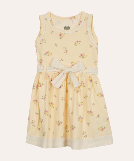 vestido de algodão infantil floral com faixa amarelo