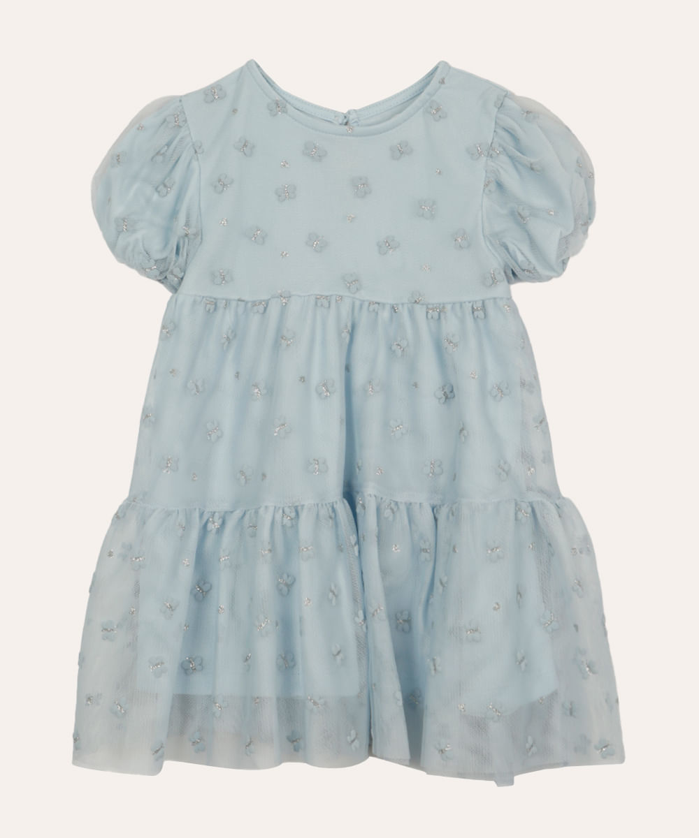 vestido infantil marias de tule floral azul