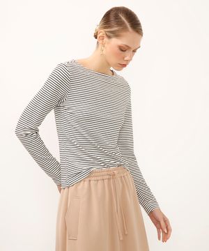 blusa de viscose decote canoa listrada off white