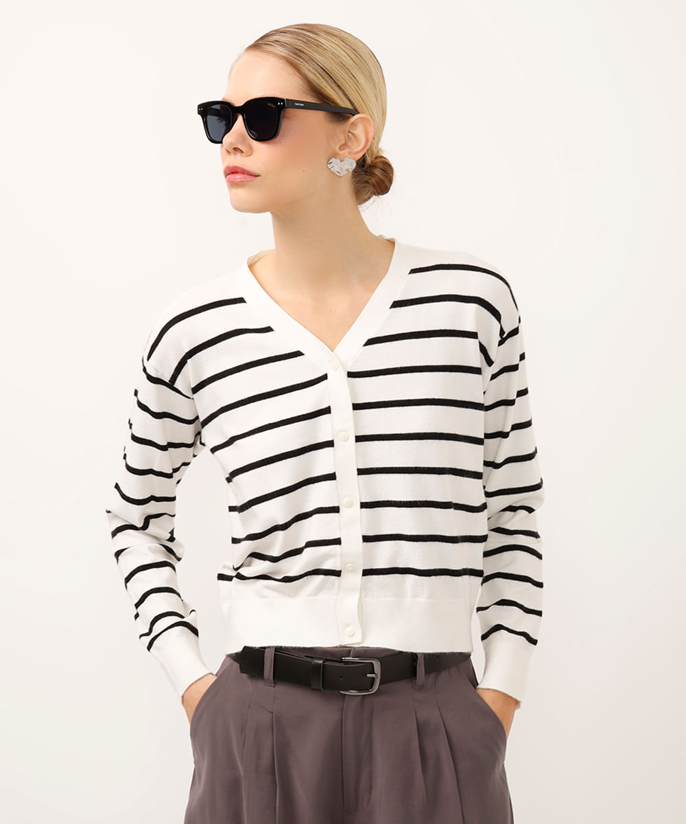 cardigan de tricot decote v listrado off white