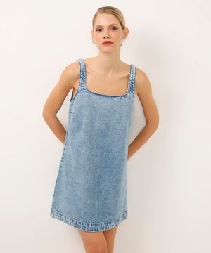 vestido curto jeans decote quadrado alça fina azul