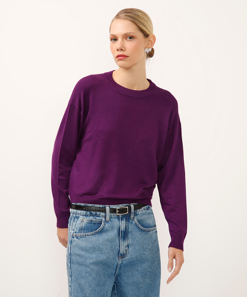 suéter de tricot decote redondo manga longa roxo