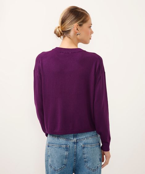 suéter de tricot decote redondo manga longa roxo
