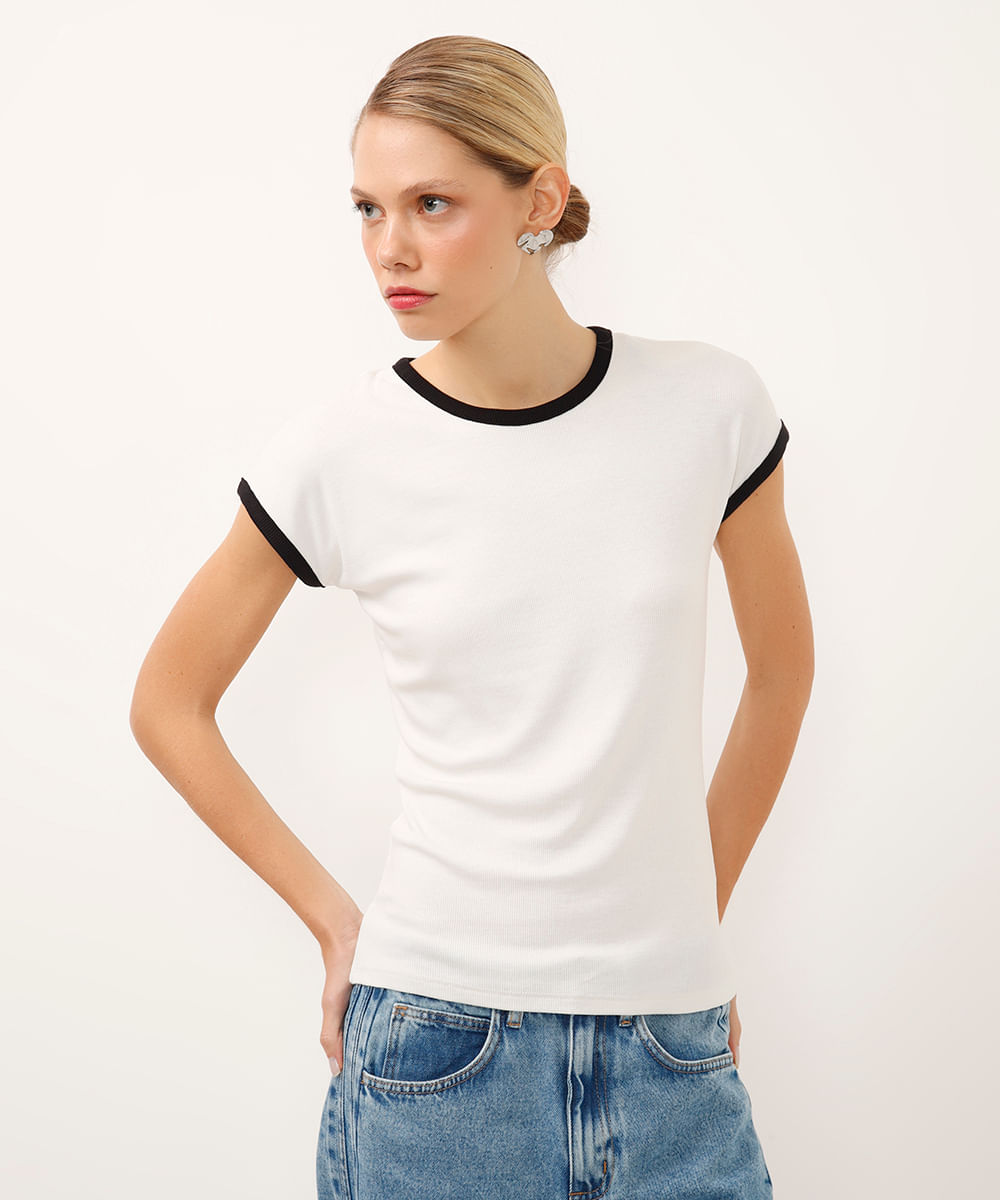 blusa manga copinho alongada bicolor off white