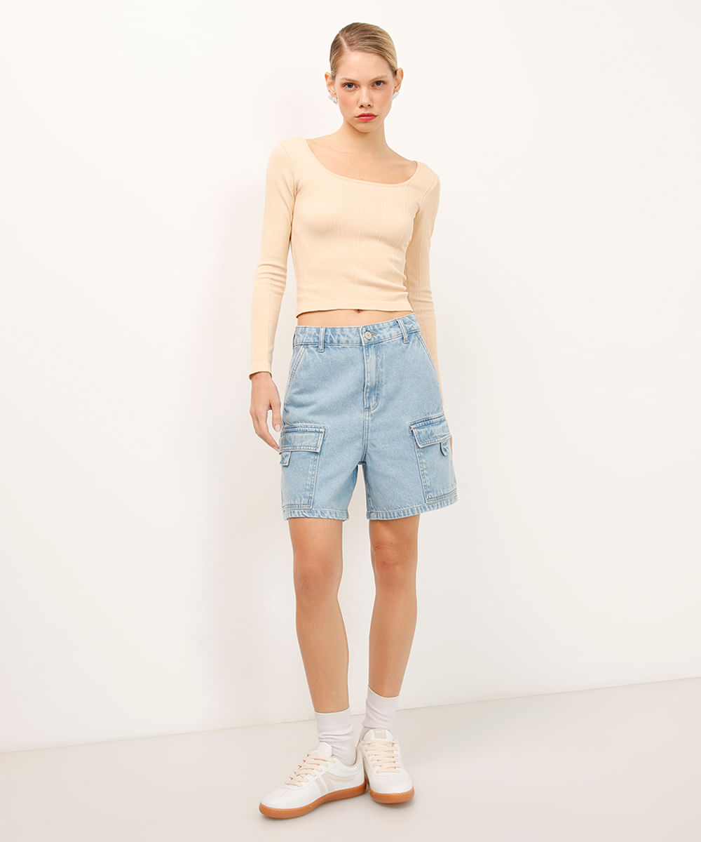 blusa decote canoa manga longa texturizada bege