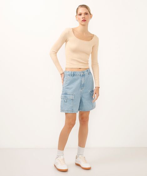 bermuda cargo jeans cintura alta azul