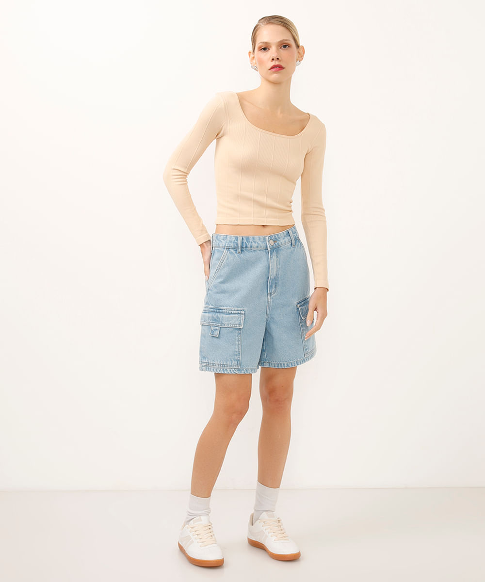 bermuda cargo jeans cintura alta azul