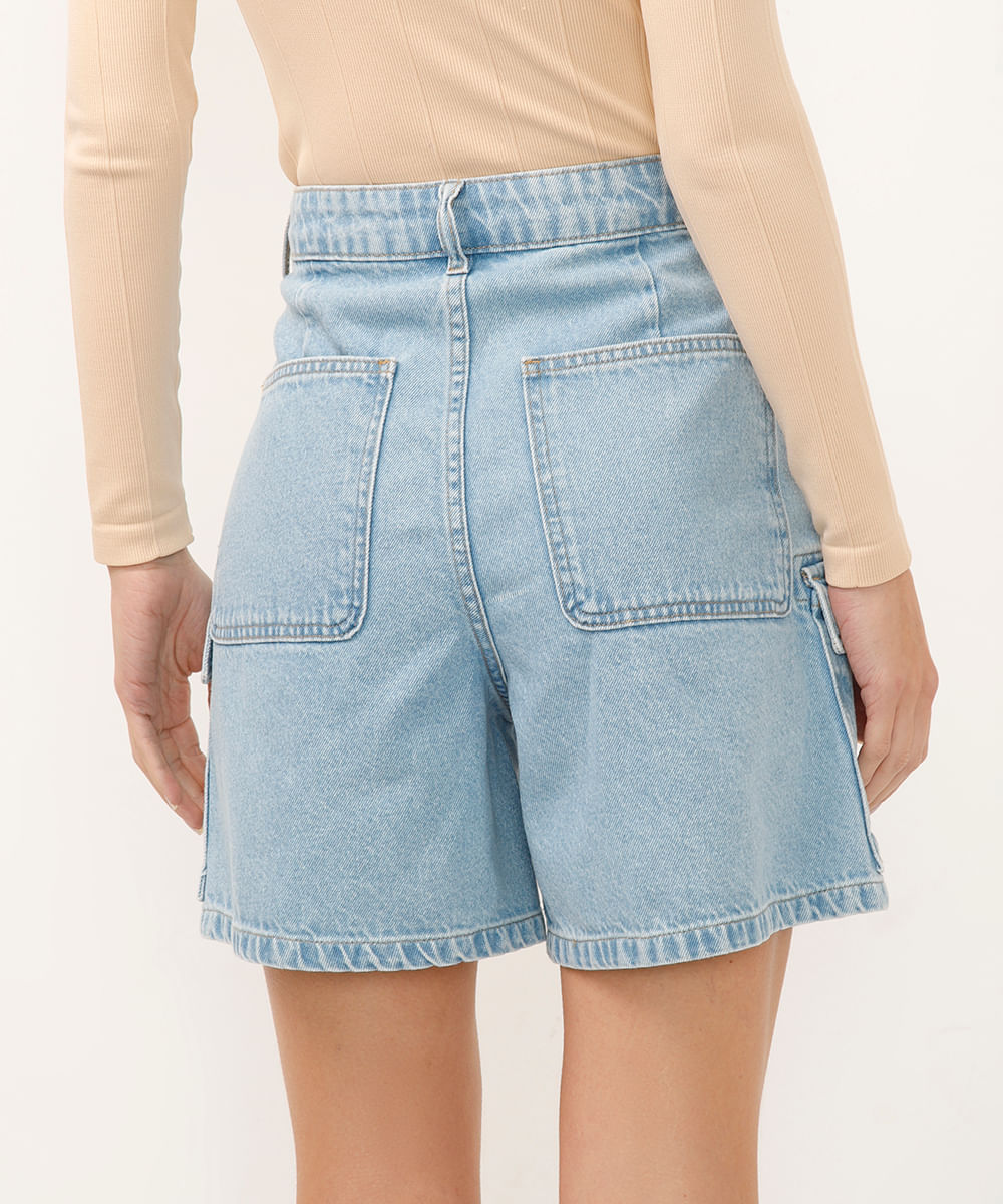 bermuda cargo jeans cintura alta azul