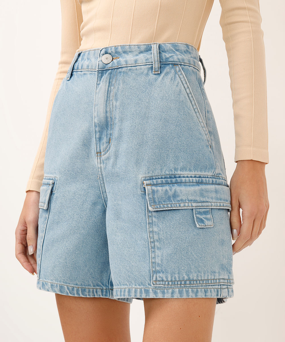 bermuda cargo jeans cintura alta azul