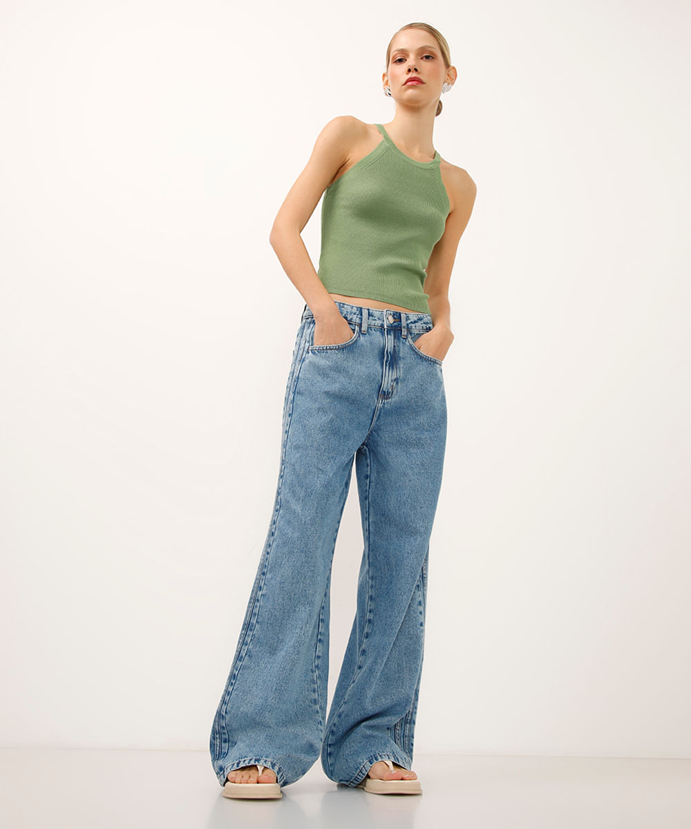 calça wide leg oversized jeans cintura alta azul