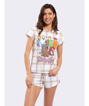 Pijama Manga Curta Xadrez Scooby-Doo Branco