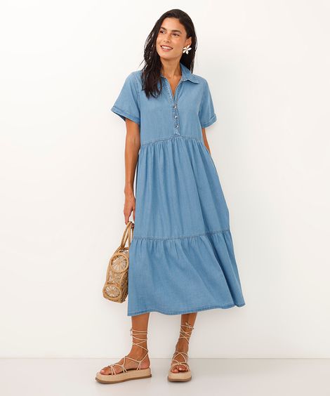 vestido midi jeans decote v azul