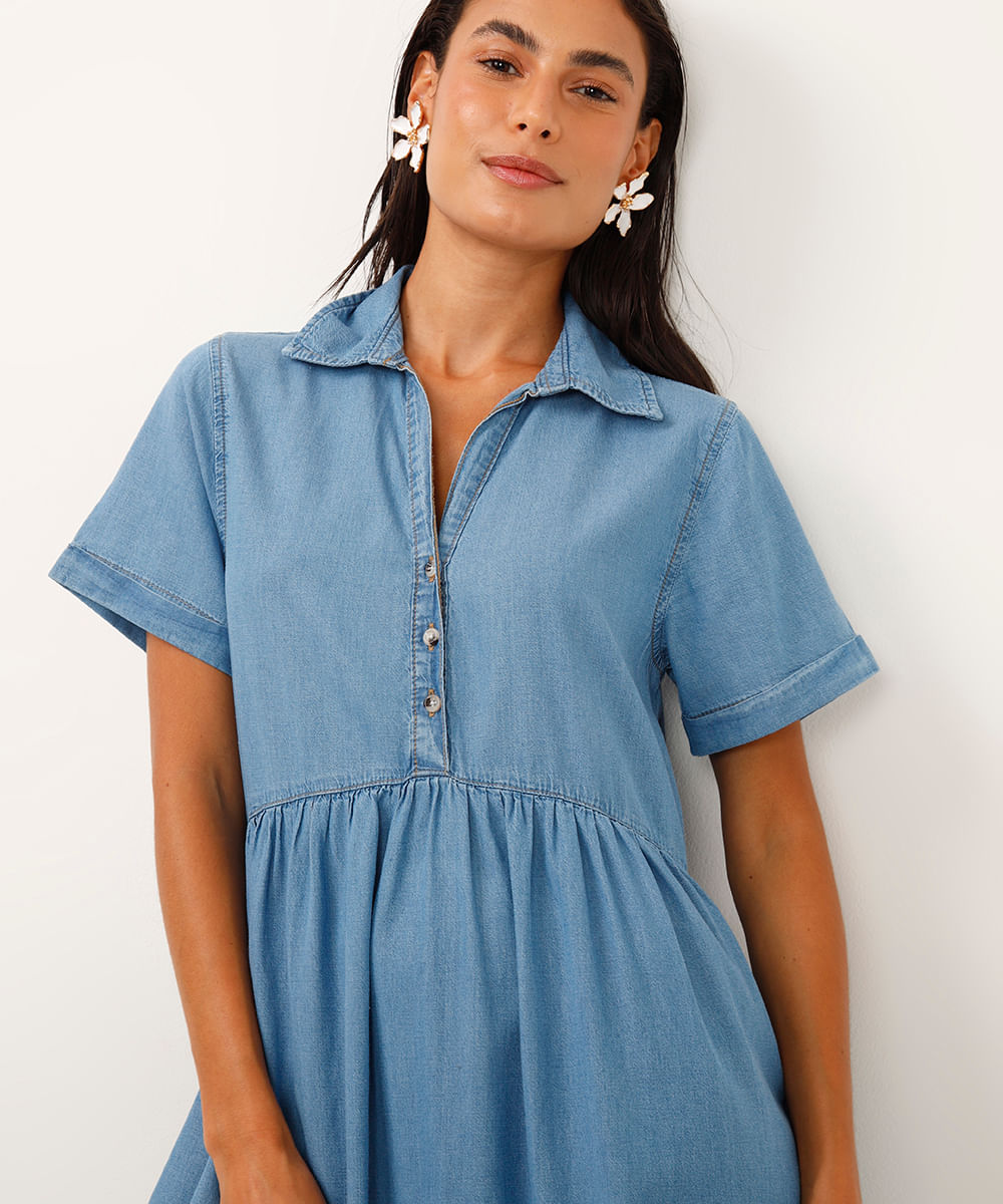 vestido midi jeans decote v azul