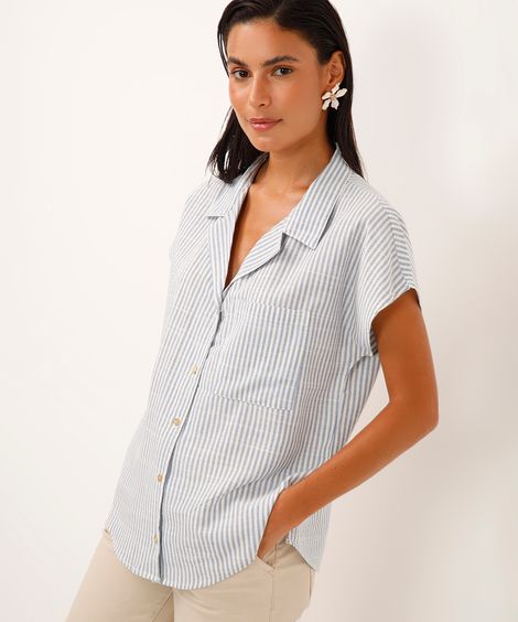 camisa de viscose manga curta com bolso listrada azul