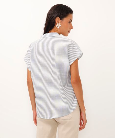 camisa de viscose manga curta com bolso listrada azul