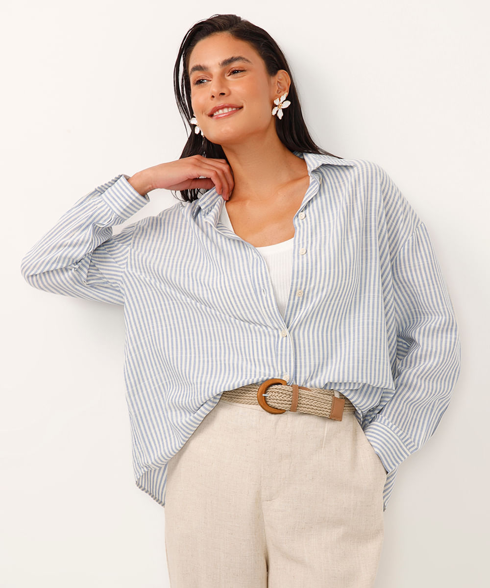 camisa oversized de viscose manga longa listrada off white