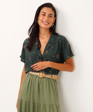 camisa de viscose com bolso pássaros verde