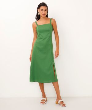 vestido midi de viscose com fenda  - verde militar