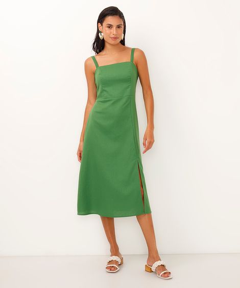 vestido midi de viscose com fenda  - verde militar