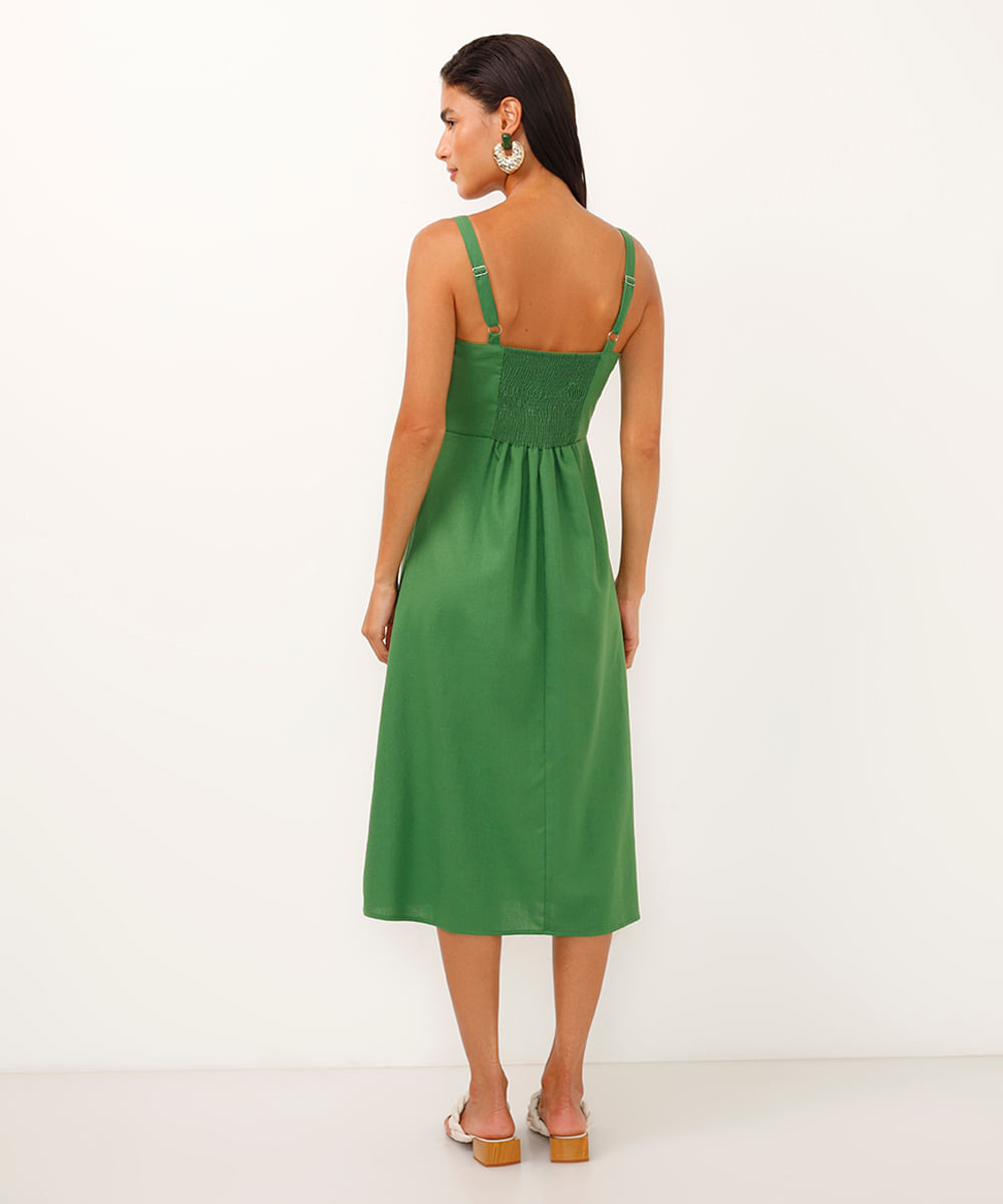 vestido midi de viscose com fenda  - verde militar