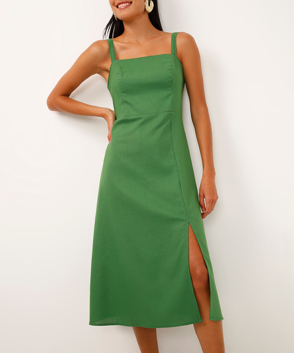 vestido midi de viscose com fenda  - verde militar