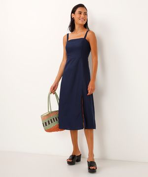 vestido midi de viscose com fenda azul marinho