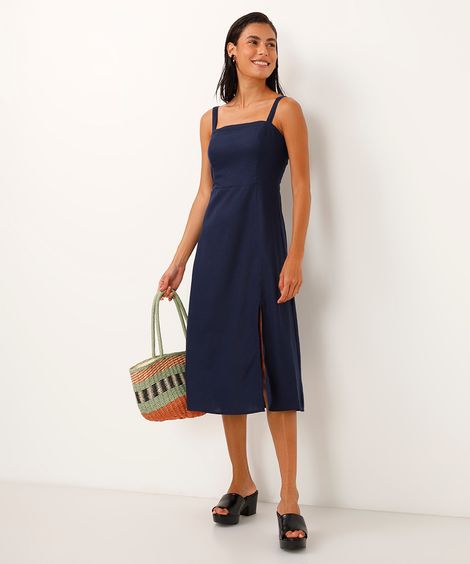 vestido midi de viscose com fenda  azul