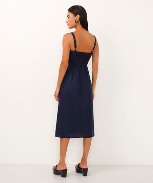 vestido midi de viscose com fenda  - azul marinho