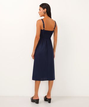 vestido midi de viscose com fenda azul marinho