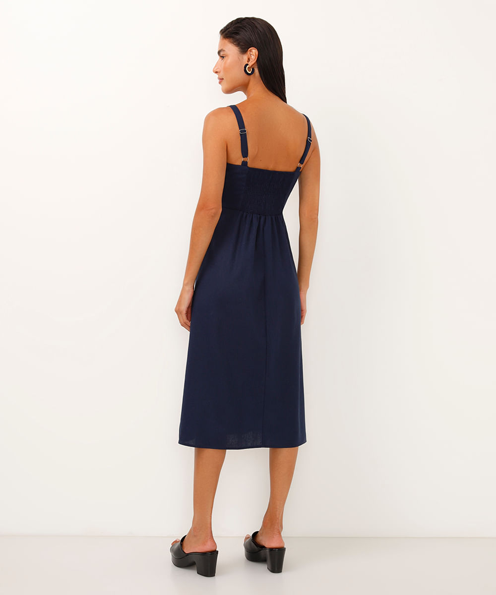 vestido midi de viscose com fenda  azul