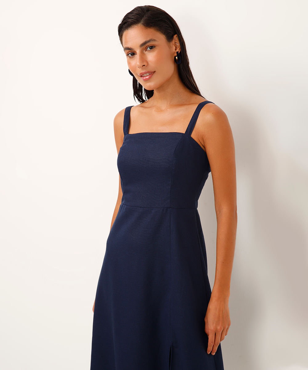 vestido midi de viscose com fenda  azul