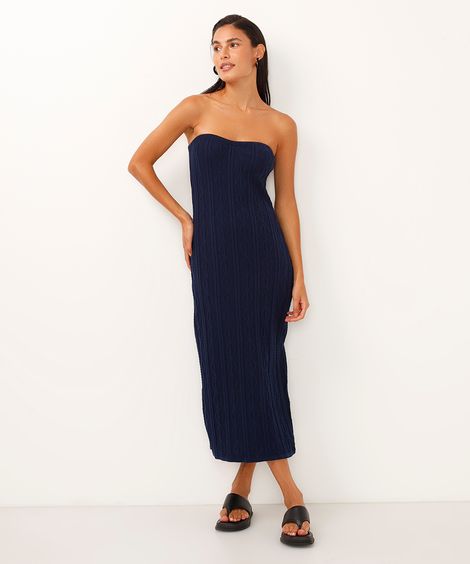 vestido midi de tricot sem alça texturizado azul