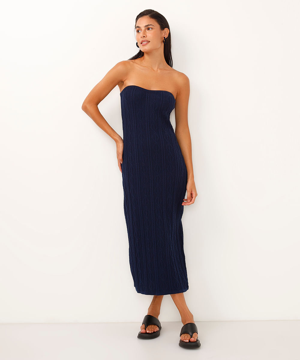 vestido midi de tricot sem alça texturizado azul
