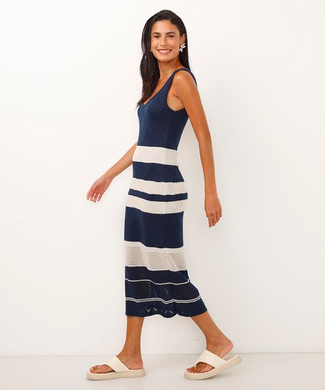 vestido midi de tricot alça fina listrado azul