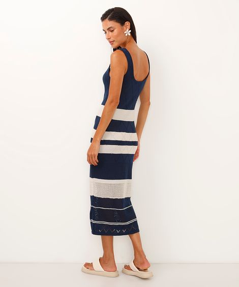 vestido midi de tricot alça fina listrado azul