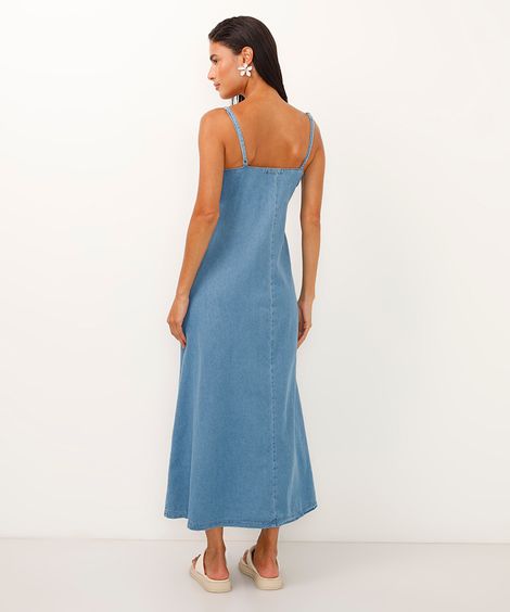 vestido midi jeans decote v alça fina floral azul