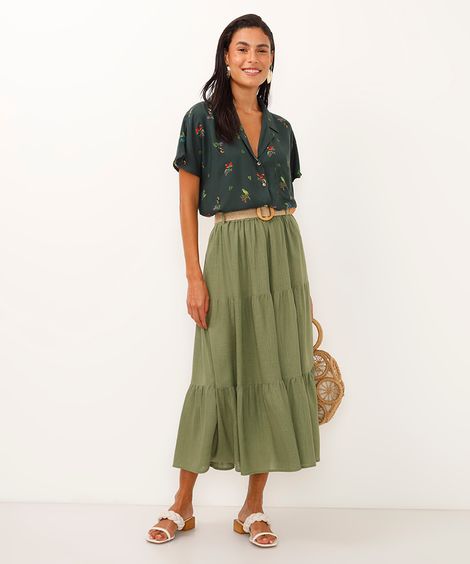 saia midi com linho e cinto verde