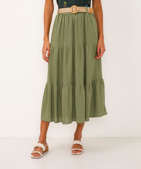 saia midi com linho e cinto verde