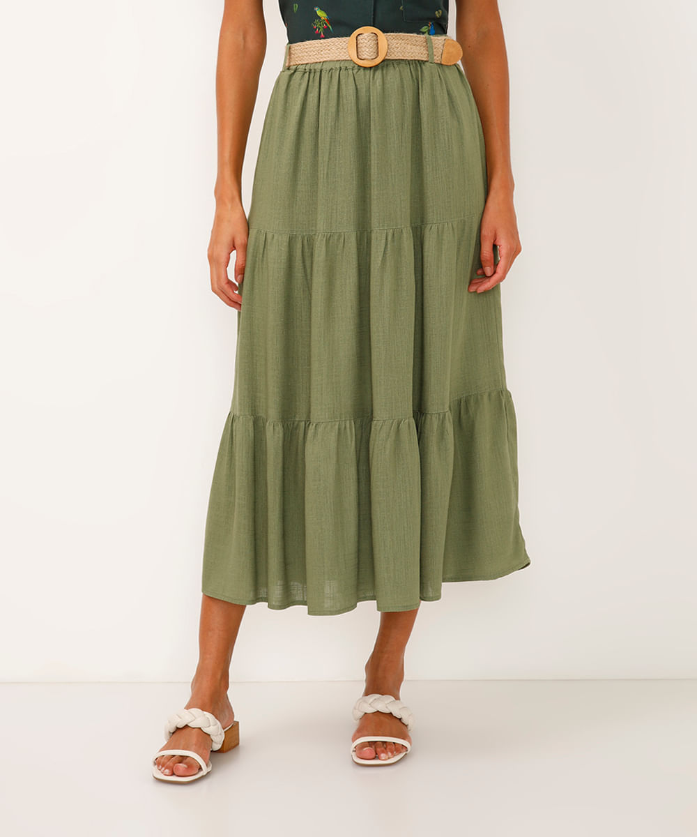 saia midi com linho e cinto verde
