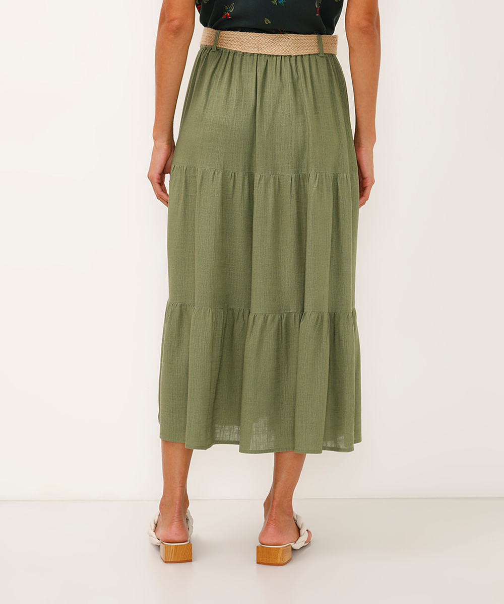 saia midi com linho e cinto verde