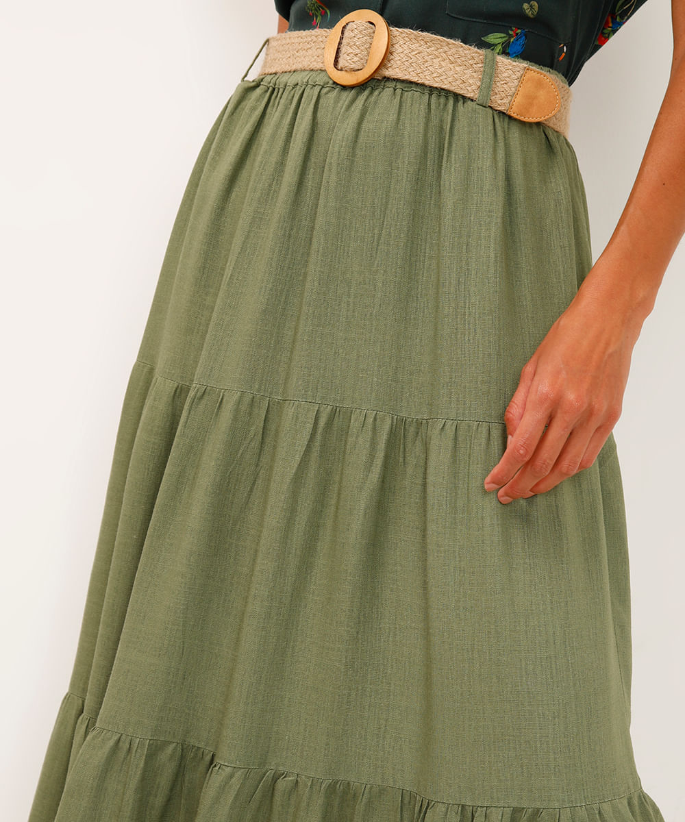 saia midi com linho e cinto verde